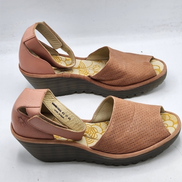 FLY London Perforated Leather Wedge Sandals In Pink and Grey Style Yake Size 10 - Picture 5 of 15